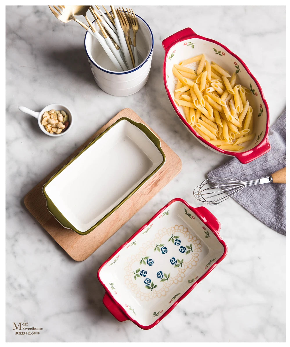 Ceramic Baking Dish Roasting Lasagna Pan  Rectangular Dish Bakeware Pan With Handle Oven Kitchen Baking Tool