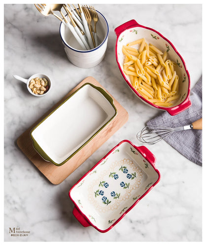Ceramic Baking Dish Roasting Lasagna Pan  Rectangular Dish Bakeware Pan With Handle Oven Kitchen Baking Tool
