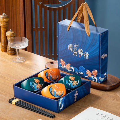 Japanese Hand Drawn Cartoon Tableware Ceramic Bowls Creative Gift Bowls and Chopsticks Set