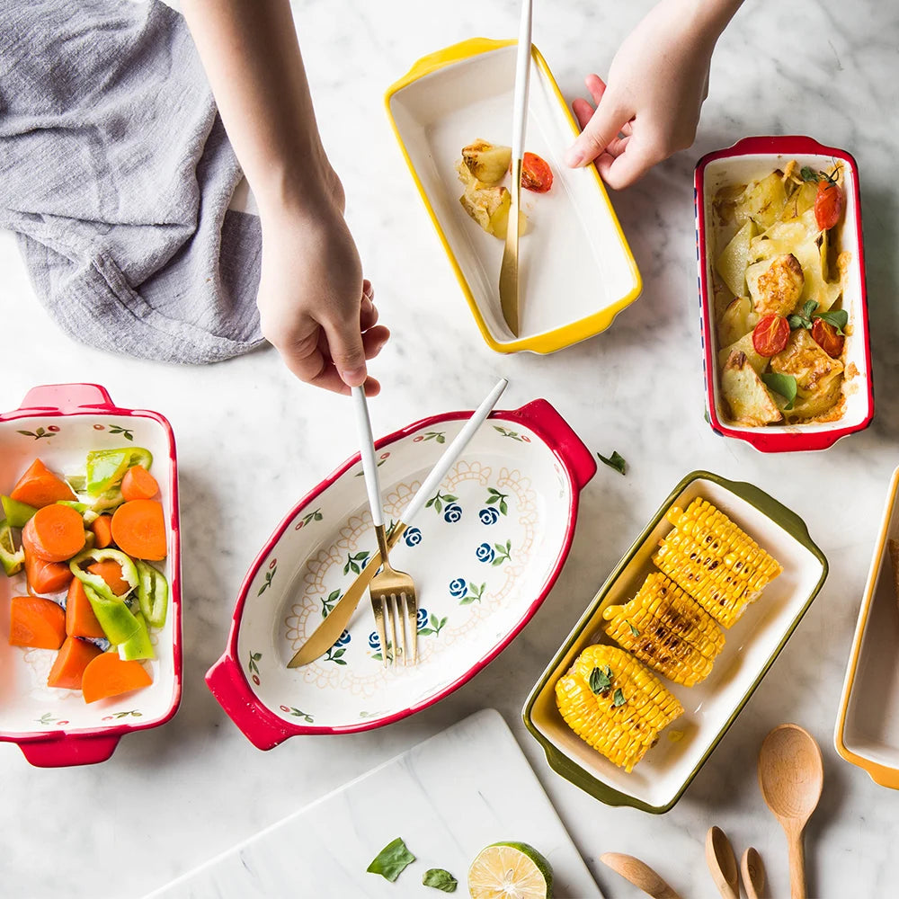 Flowers Ceramic Baking Dish with Handle - Oval Roasting Pan for Lasagna