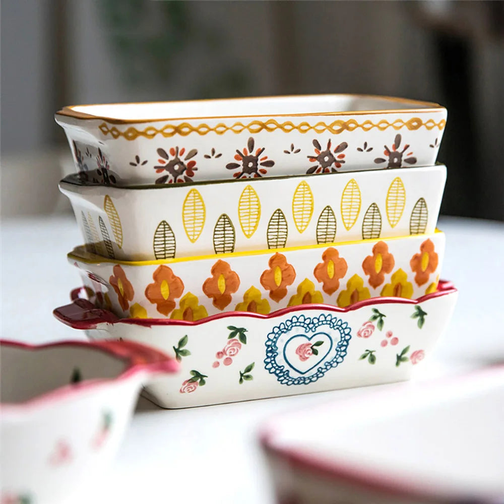 Ceramic Baking Dish Roasting Lasagna Pan  Rectangular Dish Bakeware Pan With Handle Oven Kitchen Baking Tool