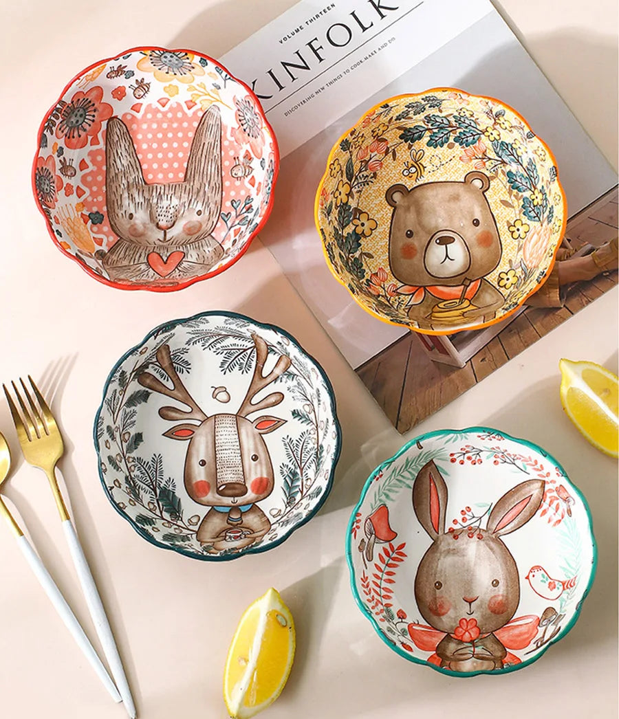 Forest Animals Ceramic Bakeware with Handle - Underglaze Baking Pan & Salad Bowl