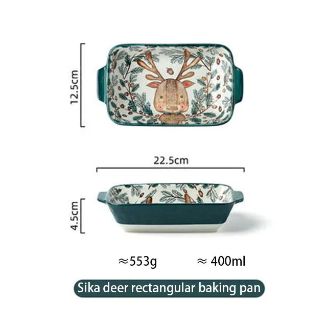 Forest Animals Ceramic Bakeware with Handle - Underglaze Baking Pan & Salad Bowl