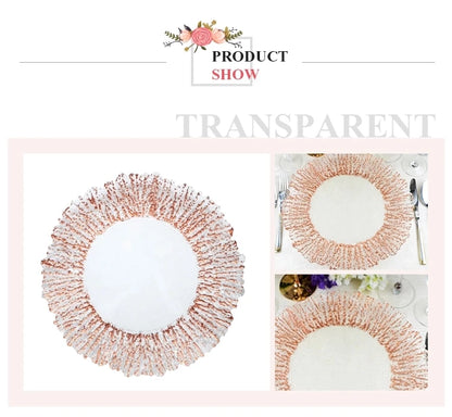 Flower Shaped Gold Silver Decal Rim, Transparent Glass Charger Plate, Wedding Party Decoration, Tableware Tray, Show Plate