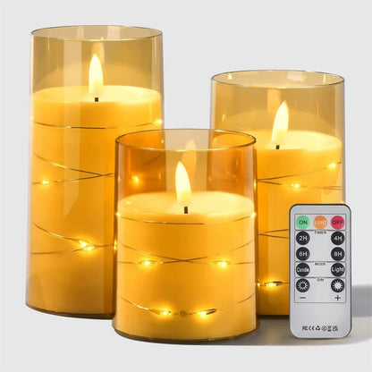 Flickering Flameless Candles 3D Wick Built-in Star String Light Acrylic Battery Operated LED Pillar Candles with Remote and Time