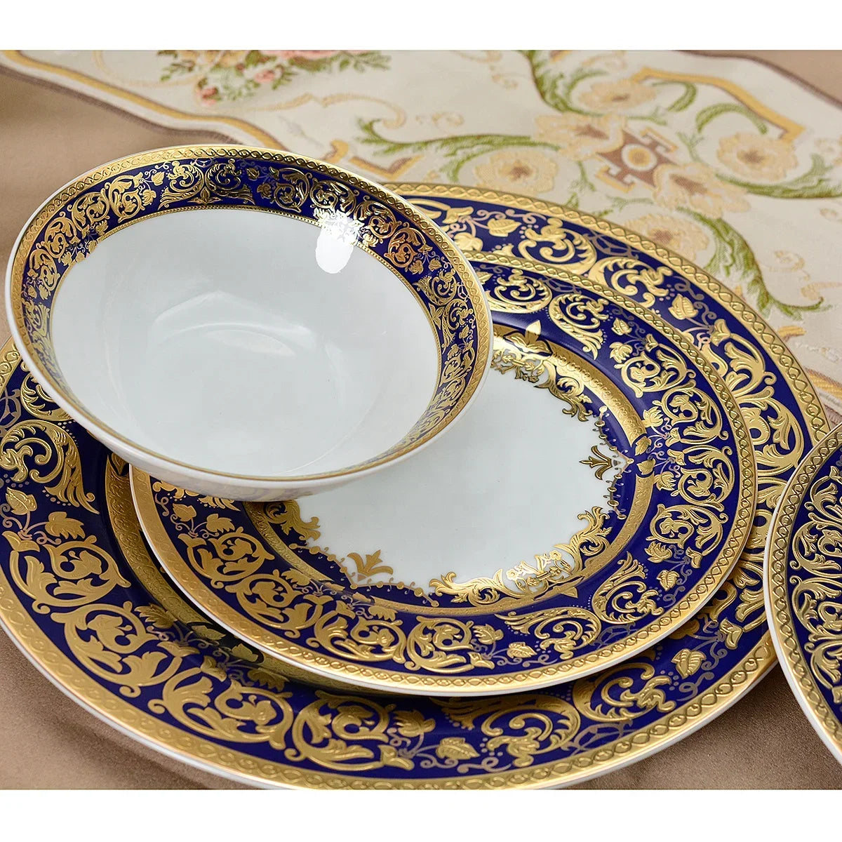 Royal Style Embossed Gold Rim Plates And Bowls Set Ceramic Dinner Set Dinnerware