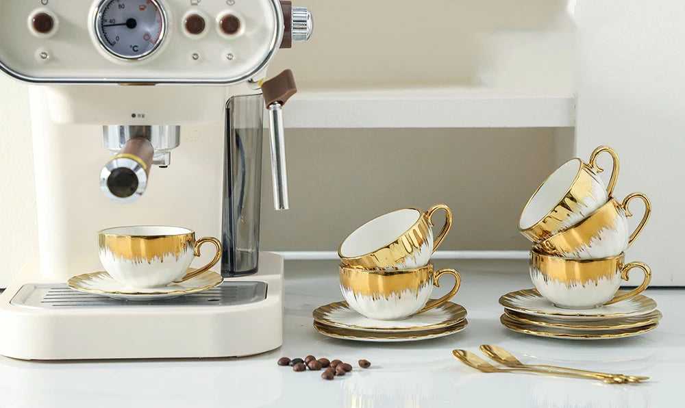 6 Sets, Ceramic Cups With Saucers, Espresso Cups and Saucers, Porcelain Coffee Cup and Saucer Set with Gold Trim, 2.5 oz Demitas