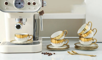 6 Sets, Ceramic Cups With Saucers, Espresso Cups and Saucers, Porcelain Coffee Cup and Saucer Set with Gold Trim, 2.5 oz Demitas