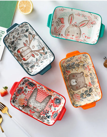 Forest Animals Ceramic Bakeware with Handle - Underglaze Baking Pan & Salad Bowl
