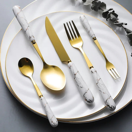 30pcs Gold Cutlery Set - 304 Stainless Steel Fork Spoon Knife with Ceramic Tableware