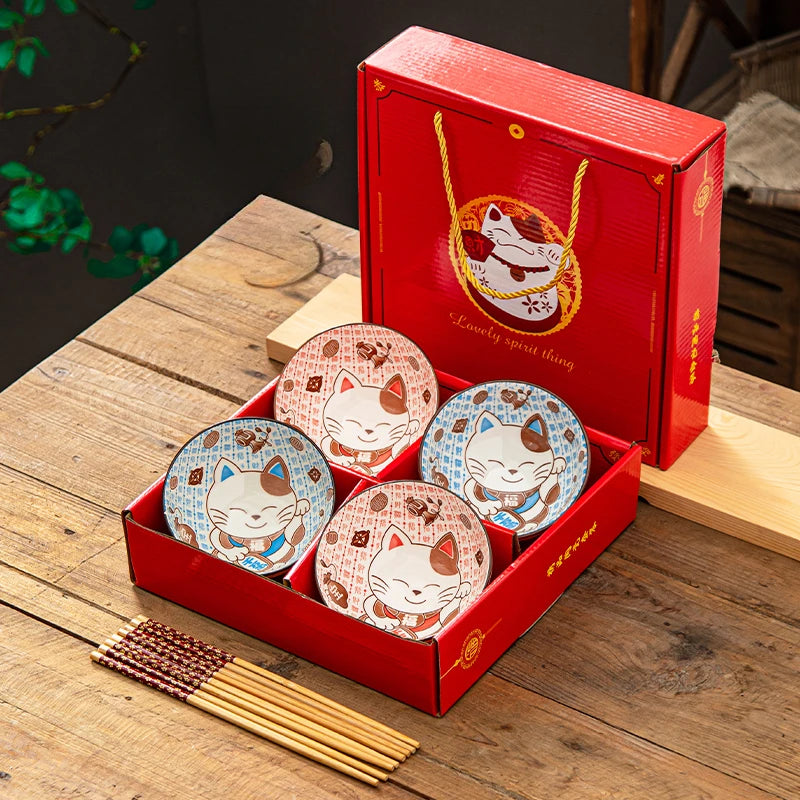 Japanese Hand Drawn Cartoon Tableware Ceramic Bowls Creative Gift Bowls and Chopsticks Set