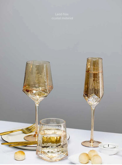 Nordic Luxury Gold Amber Champagne Goblet - Lead-Free Crystal Hammered Whisky Glass