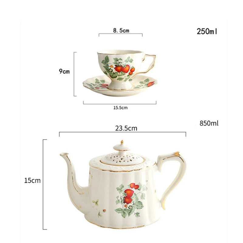 French Retro Teapot Coffee Cup Set - Gold Edge Flower Teacup & Saucer