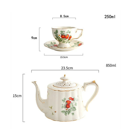 French Retro Teapot Coffee Cup Set - Gold Edge Flower Teacup & Saucer