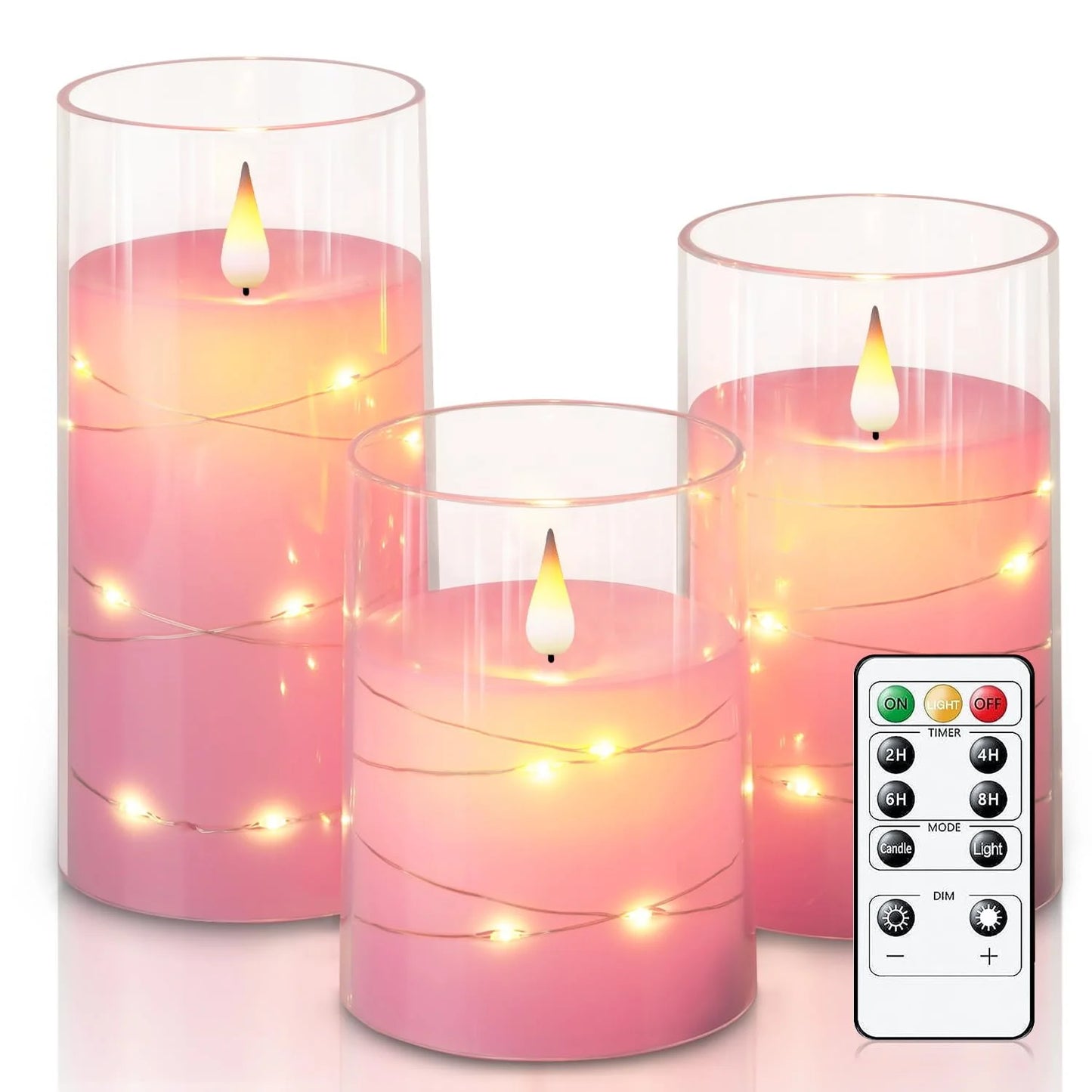 Flickering Flameless Candles 3D Wick Built-in Star String Light Acrylic Battery Operated LED Pillar Candles with Remote and Time