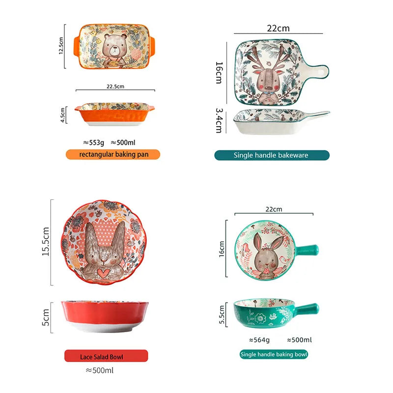 Forest Animals Ceramic Bakeware with Handle - Underglaze Baking Pan & Salad Bowl