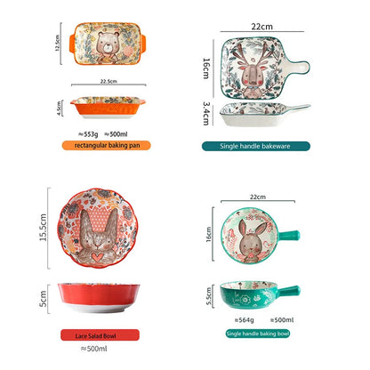 Forest Animals Ceramic Bakeware with Handle - Underglaze Baking Pan & Salad Bowl