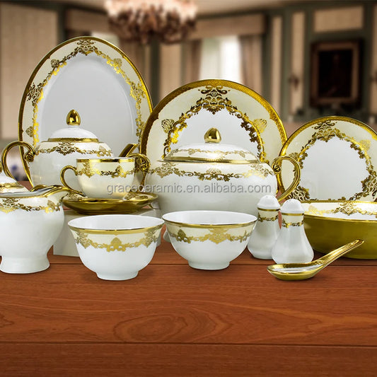 81pcs 24k Gold Dinnerware Set - Luxury Embossed Fine Porcelain China for 8 Persons