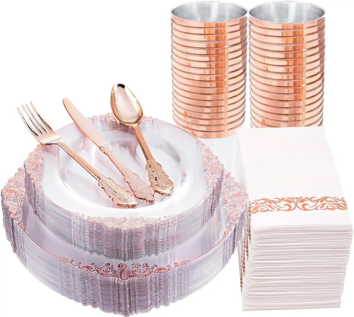 350pcs Plastic Plates - Gold Plastic Dinnerware Set Includes: 50 10.25”Dinner Plates,50 7.5” Dessert Plate, 50 Cups, 50 Napkin