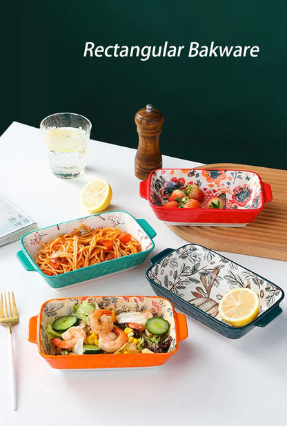 Forest Animals Ceramic Bakeware with Handle - Underglaze Baking Pan & Salad Bowl