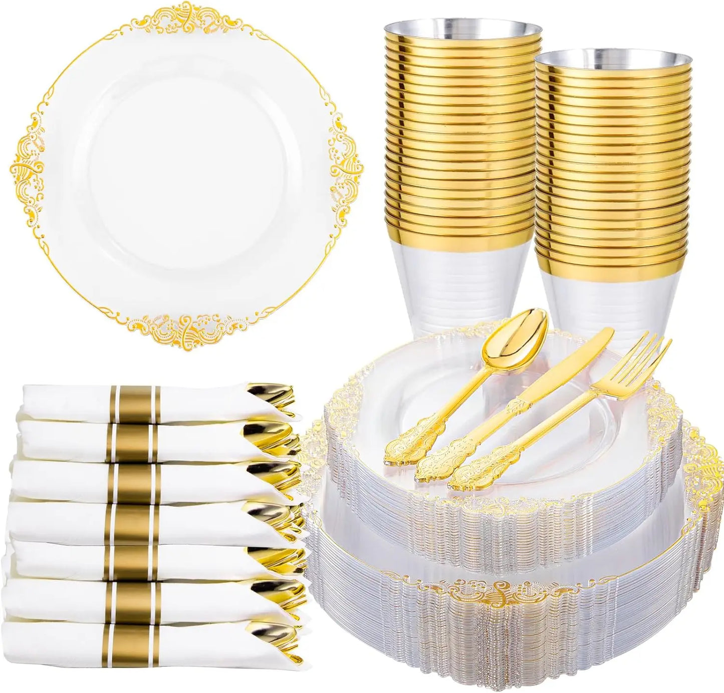 350pcs Plastic Plates - Gold Plastic Dinnerware Set Includes: 50 10.25”Dinner Plates,50 7.5” Dessert Plate, 50 Cups, 50 Napkin