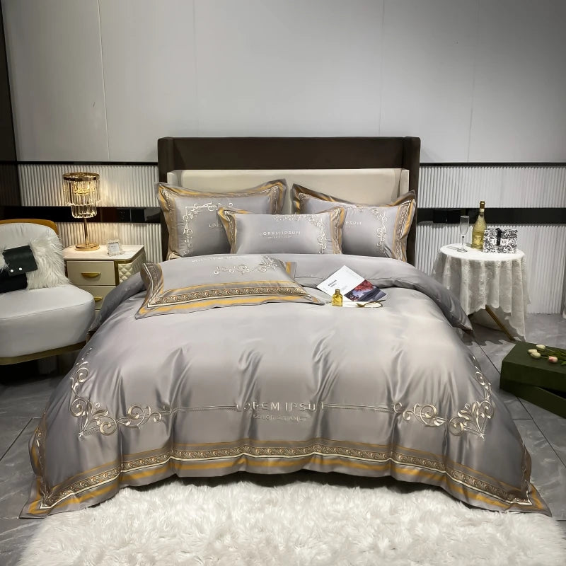 European Style Gold Edge Embroidered Bedding Set Luxury White Satin Cotton Duvet Cover Bed Sheets Pillowcases King Queen Size