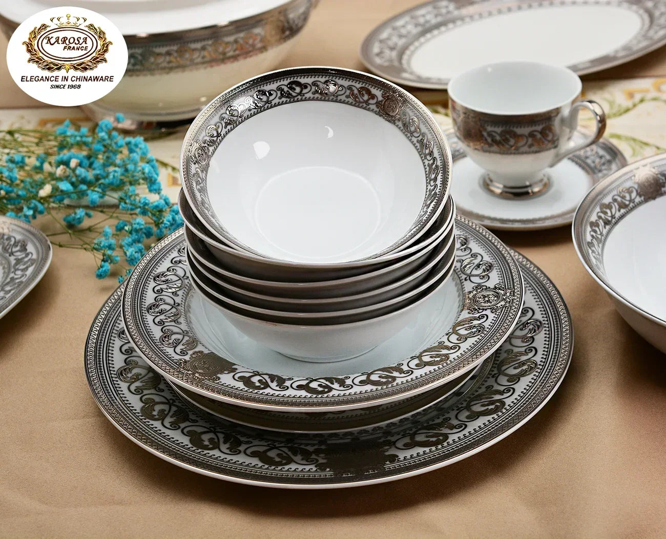 Bone China Platinum Dinner Set - Gold Rim Porcelain Soup Plates & Bowls