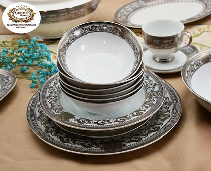 Bone China Platinum Dinner Set - Gold Rim Porcelain Soup Plates & Bowls