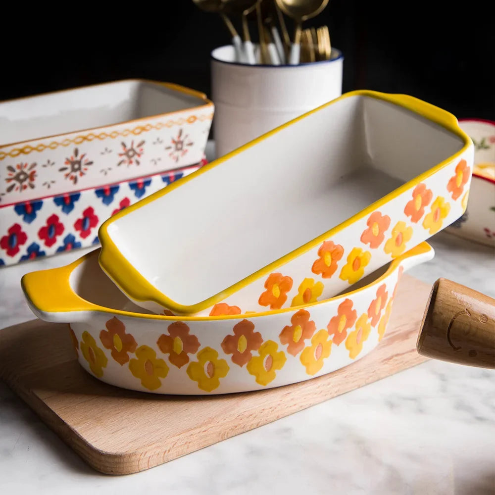 Ceramic Baking Dish Roasting Lasagna Pan  Rectangular Dish Bakeware Pan With Handle Oven Kitchen Baking Tool
