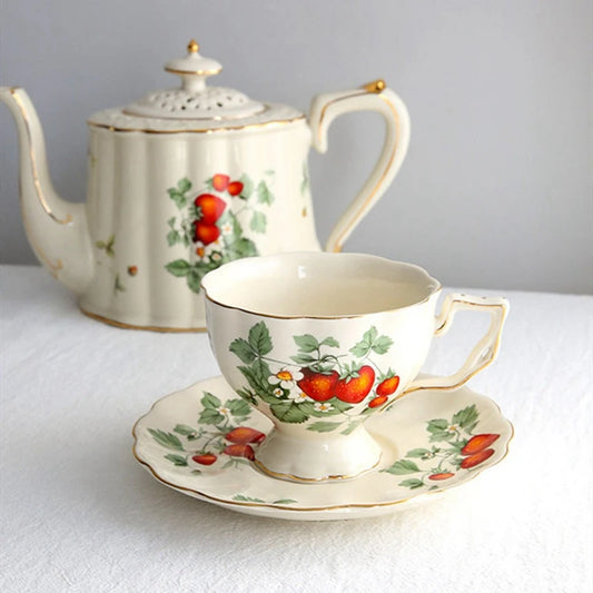 French Retro Teapot Coffee Cup Set - Gold Edge Flower Teacup & Saucer