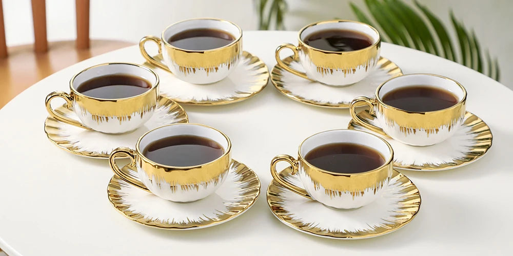6 Sets, Ceramic Cups With Saucers, Espresso Cups and Saucers, Porcelain Coffee Cup and Saucer Set with Gold Trim, 2.5 oz Demitas