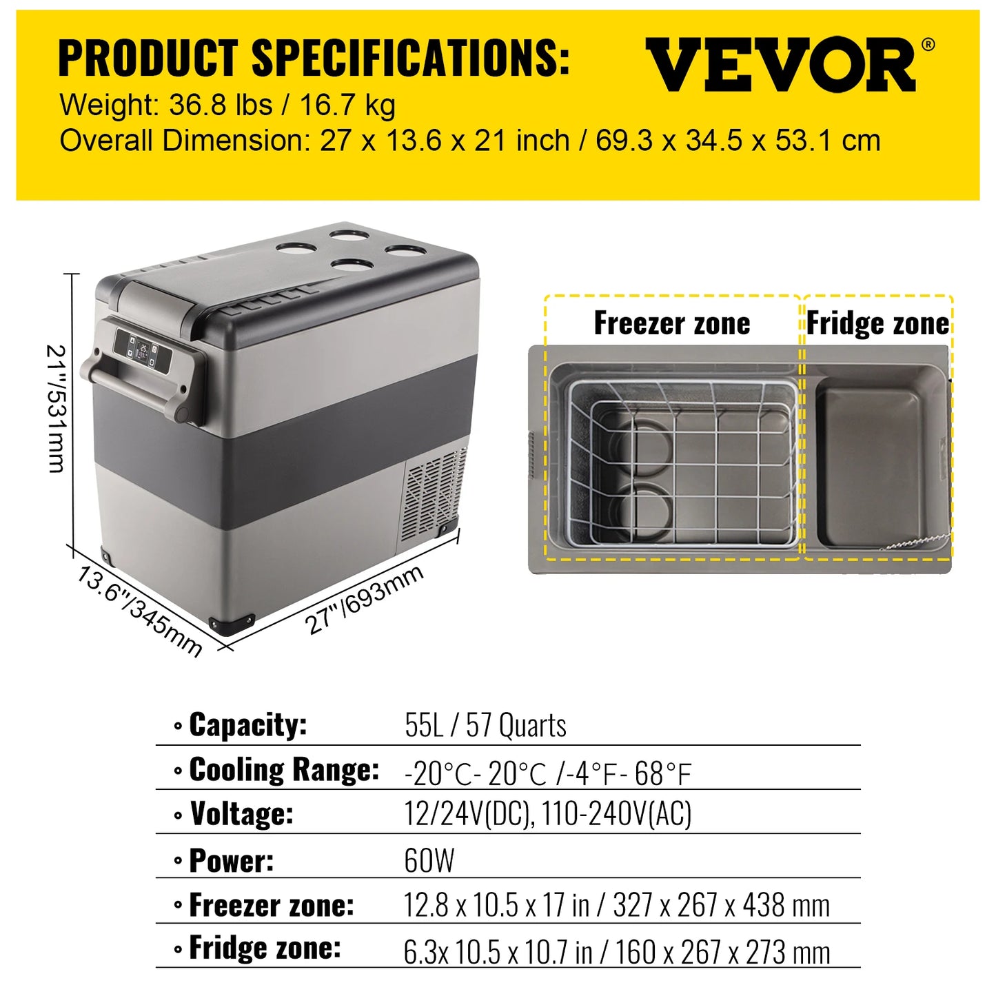 VEVOR 55L Car Refrigerator Mini Fridge Freezer Portable Compressor Cooler 12/24V DC 110-240V Ice Box for Camping