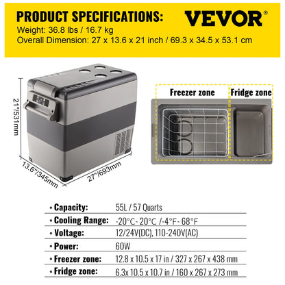 VEVOR 55L Car Refrigerator Mini Fridge Freezer Portable Compressor Cooler 12/24V DC 110-240V Ice Box for Camping