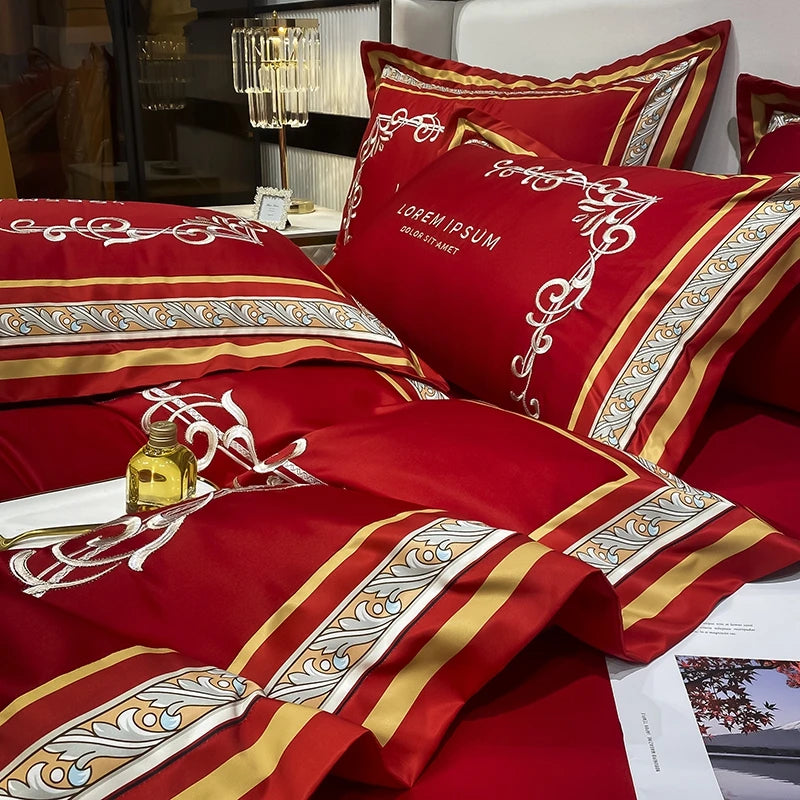 European Style Gold Edge Embroidered Bedding Set Luxury White Satin Cotton Duvet Cover Bed Sheets Pillowcases King Queen Size