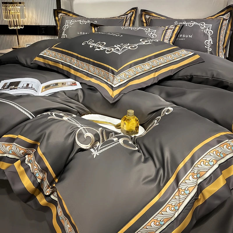 European Style Gold Edge Embroidered Bedding Set Luxury White Satin Cotton Duvet Cover Bed Sheets Pillowcases King Queen Size