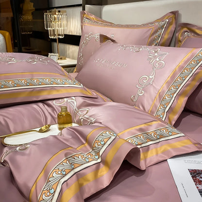 European Style Gold Edge Embroidered Bedding Set Luxury White Satin Cotton Duvet Cover Bed Sheets Pillowcases King Queen Size