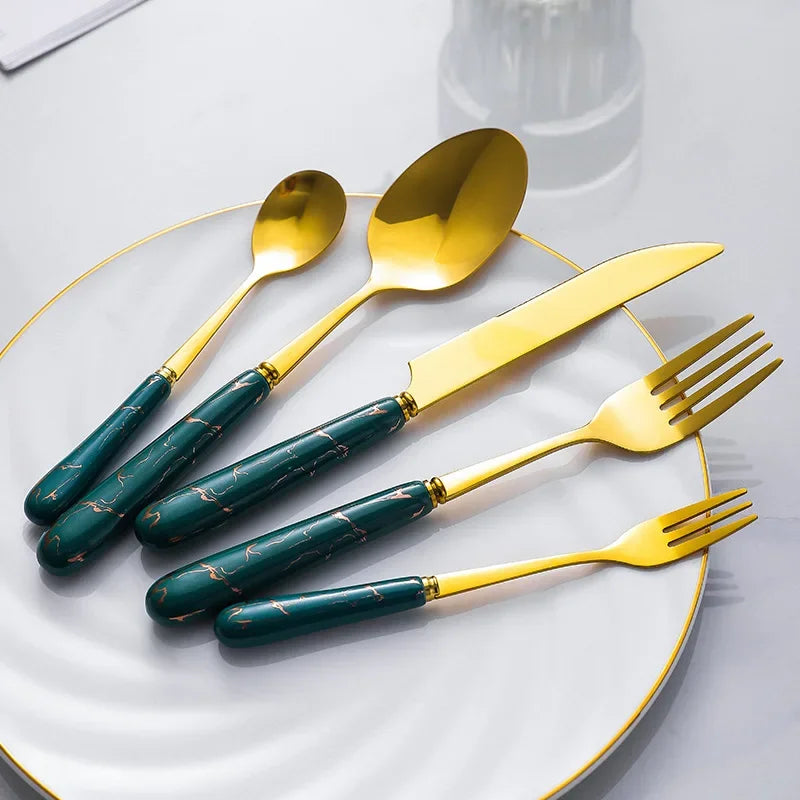 30pcs Cutlery Sets Gold Fork Spoon Knife Set Ceramic Tableware 304 Stainless Steel Dinner Set Cutlery Spoons Sets DropShipping