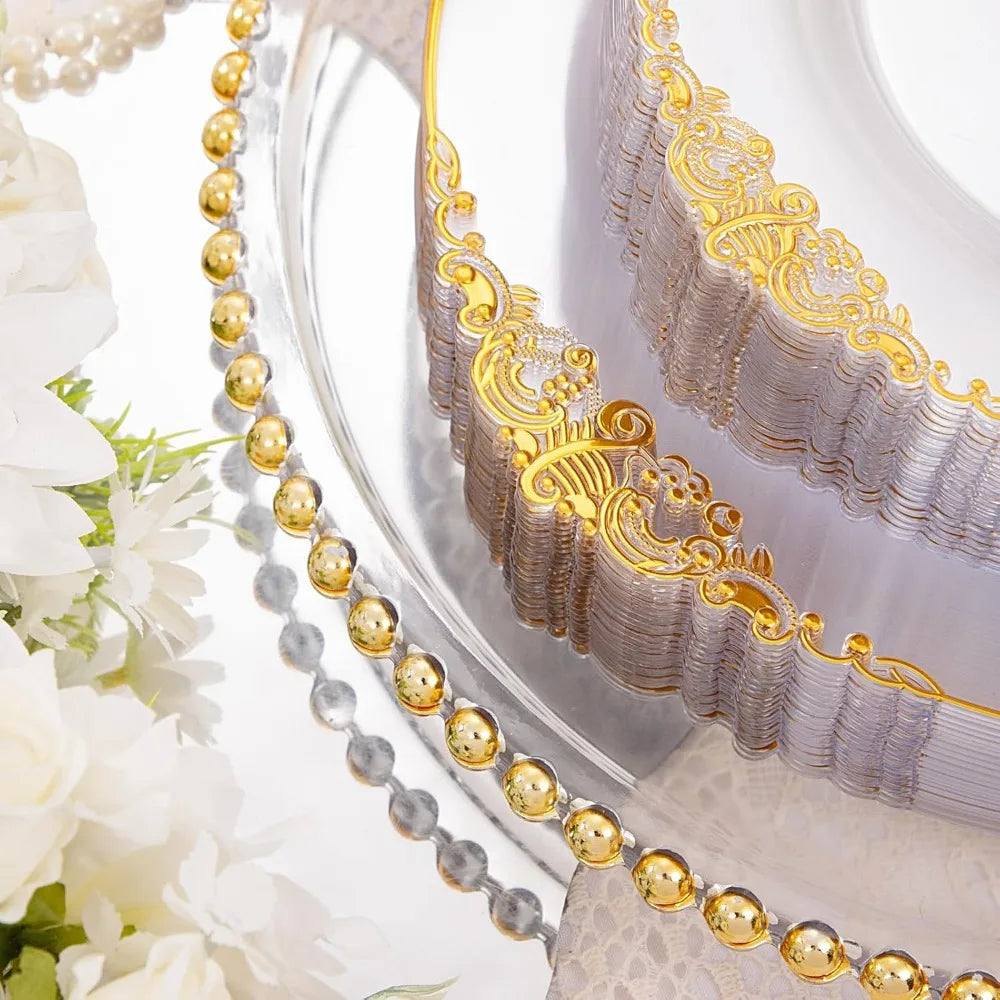 350pcs Plastic Plates - Gold Plastic Dinnerware Set Includes: 50 10.25”Dinner Plates,50 7.5” Dessert Plate, 50 Cups, 50 Napkin