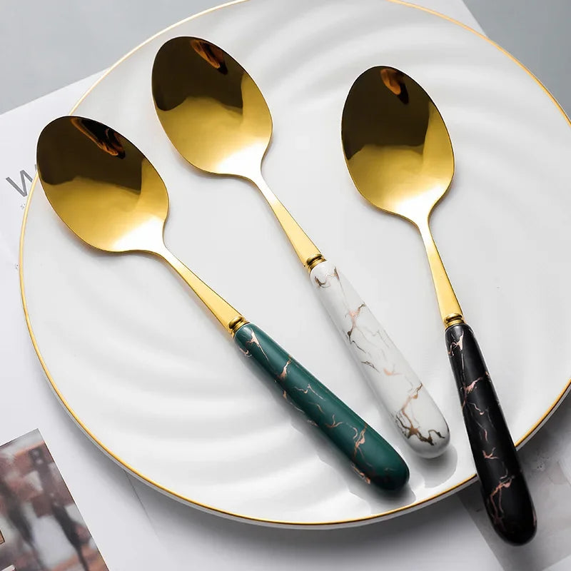 30pcs Gold Cutlery Set - 304 Stainless Steel Fork Spoon Knife with Ceramic Tableware