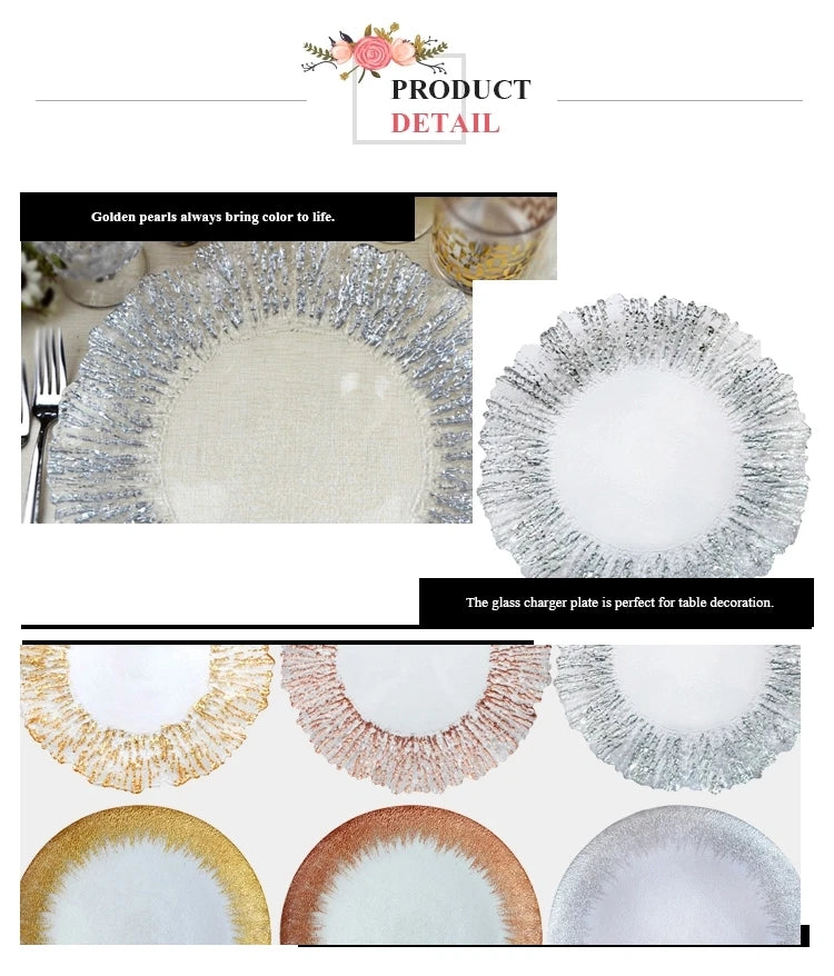 Flower Shaped Gold Silver Decal Rim, Transparent Glass Charger Plate, Wedding Party Decoration, Tableware Tray, Show Plate