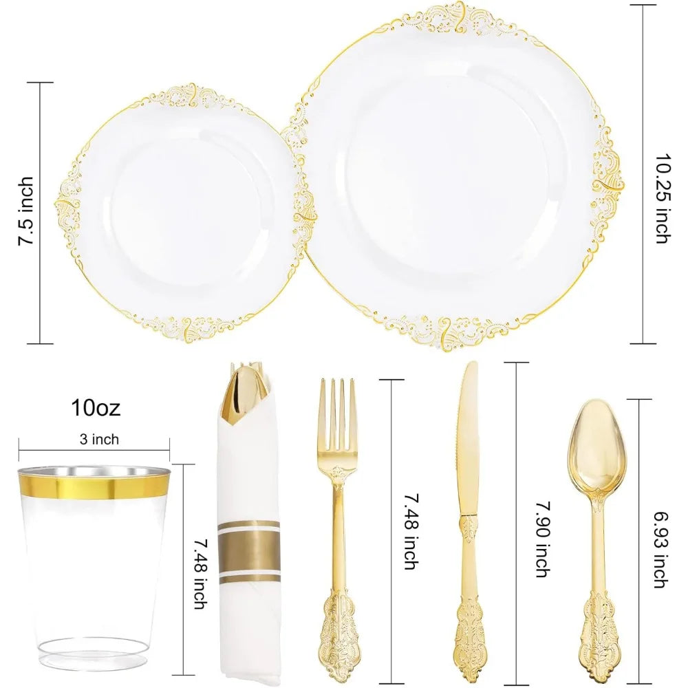 350pcs Plastic Plates - Gold Plastic Dinnerware Set Includes: 50 10.25”Dinner Plates,50 7.5” Dessert Plate, 50 Cups, 50 Napkin