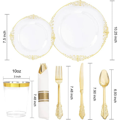 350pcs Plastic Plates - Gold Plastic Dinnerware Set Includes: 50 10.25”Dinner Plates,50 7.5” Dessert Plate, 50 Cups, 50 Napkin