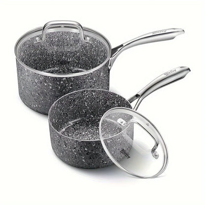 HLAFRG Nonstick Sauce Pan Set - 2Qt & 3Qt Natural Granite Pots with Lids
