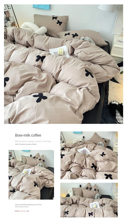 Bedding Set 2024 New Ins Style  Minimalist Blue Washing Cotton black bow towel Embroidered Four PIECE Set, 1.5 Bed Sheets