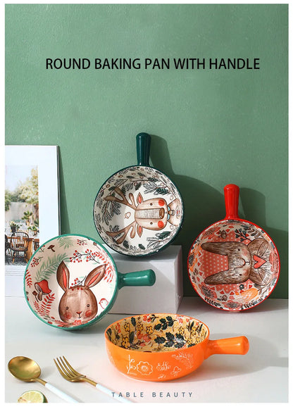 YWDL 500ml Ceramic Bakeware - Forest Animals Baking Pan with Handle