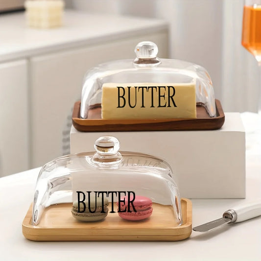 Elegant Wood Cake Plate with Glass Cover - Cheese Plate with Dome & Wooden Tray