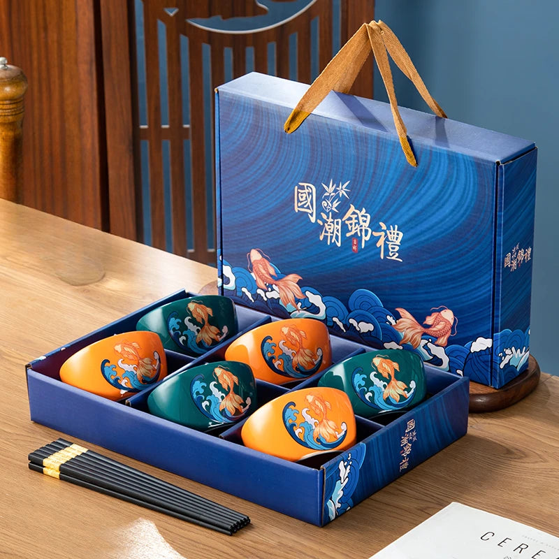 Japanese Hand Drawn Cartoon Tableware Ceramic Bowls Creative Gift Bowls and Chopsticks Set