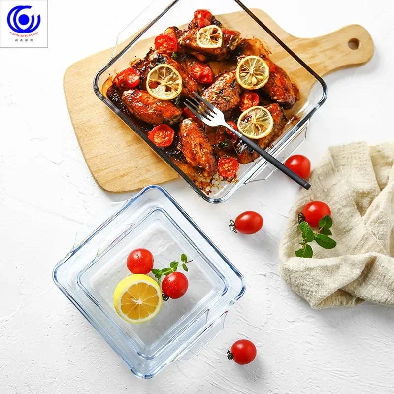 Large Capacity Toughened Glass Baking Dish Pan Oven Basics Plate Bakeware Non-Stick Kitchen Tool Cheese Rice Storage Tray