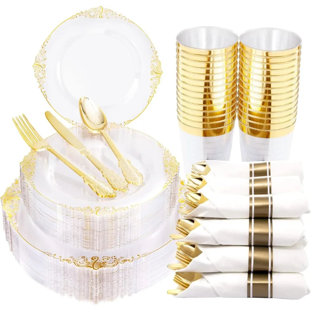 350pcs Plastic Plates - Gold Plastic Dinnerware Set Includes: 50 10.25”Dinner Plates,50 7.5” Dessert Plate, 50 Cups, 50 Napkin