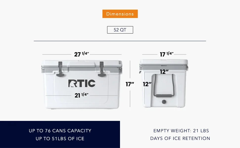 RTIC Ultra-Light 52 Quart Hard Cooler Insulated Portable Ice Chest Box for Beach, Drink, Beverage, Camping, Picnic, Fishing, Boa